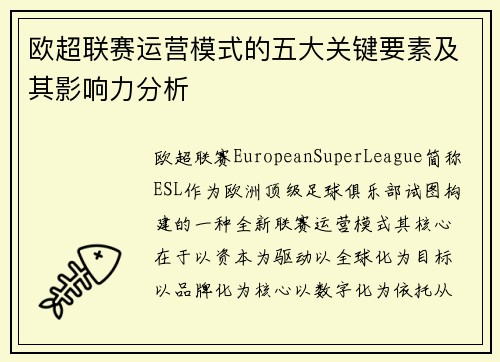 欧超联赛运营模式的五大关键要素及其影响力分析 欧超联赛运营模式的五大关键要素及其影响力分析